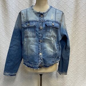 Cato size XL Distressed Denim Blue Women's Jacket stretch raw hem destroyed